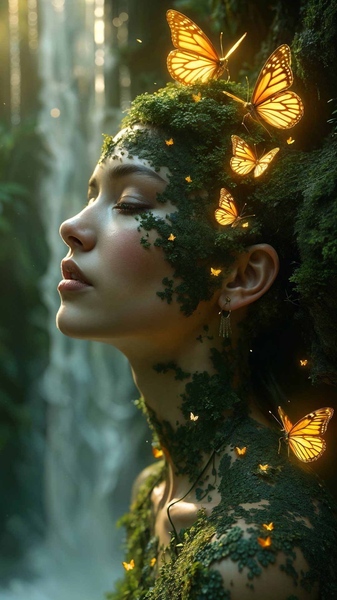 Serene Woman Surrounded by Moss and Butterflies