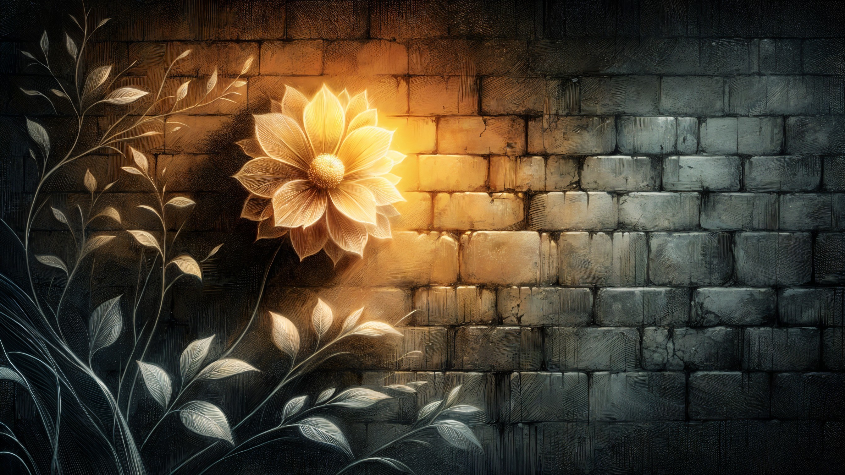 Luminous Flower Against Dark Brick Wall Background
