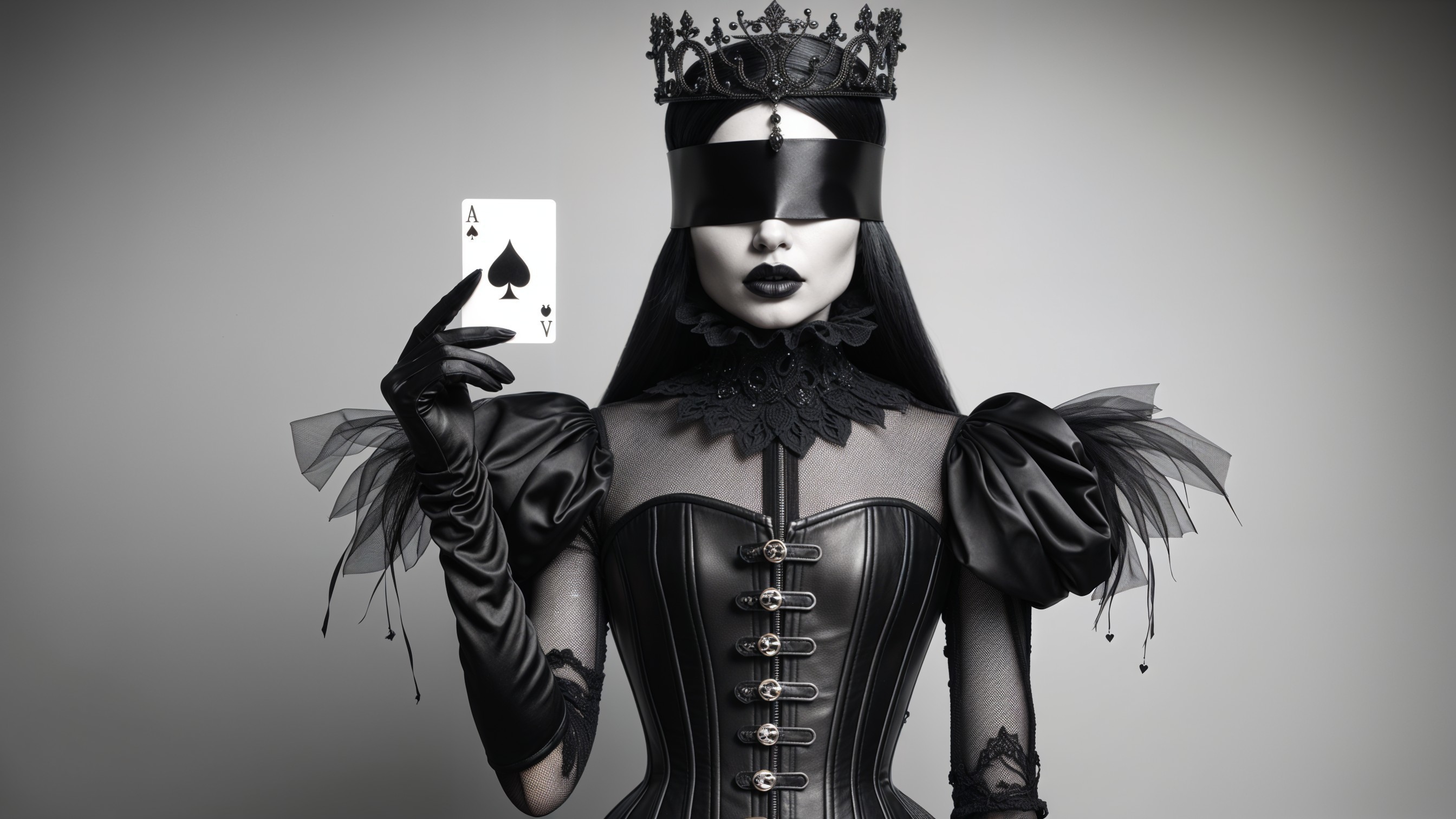 Elegant Figure in Dark Corset with Veil and Card
