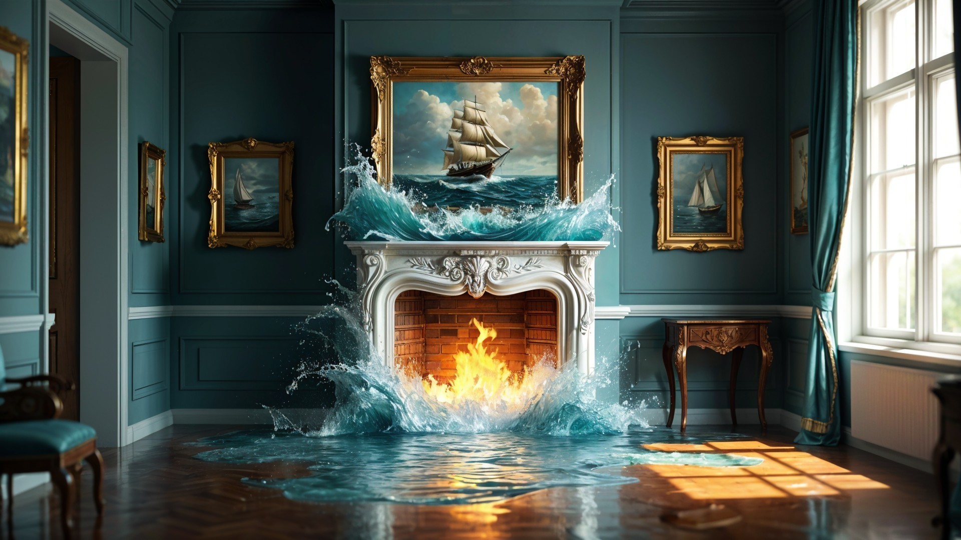Elegant Room with Turquoise Walls and Dramatic Scene