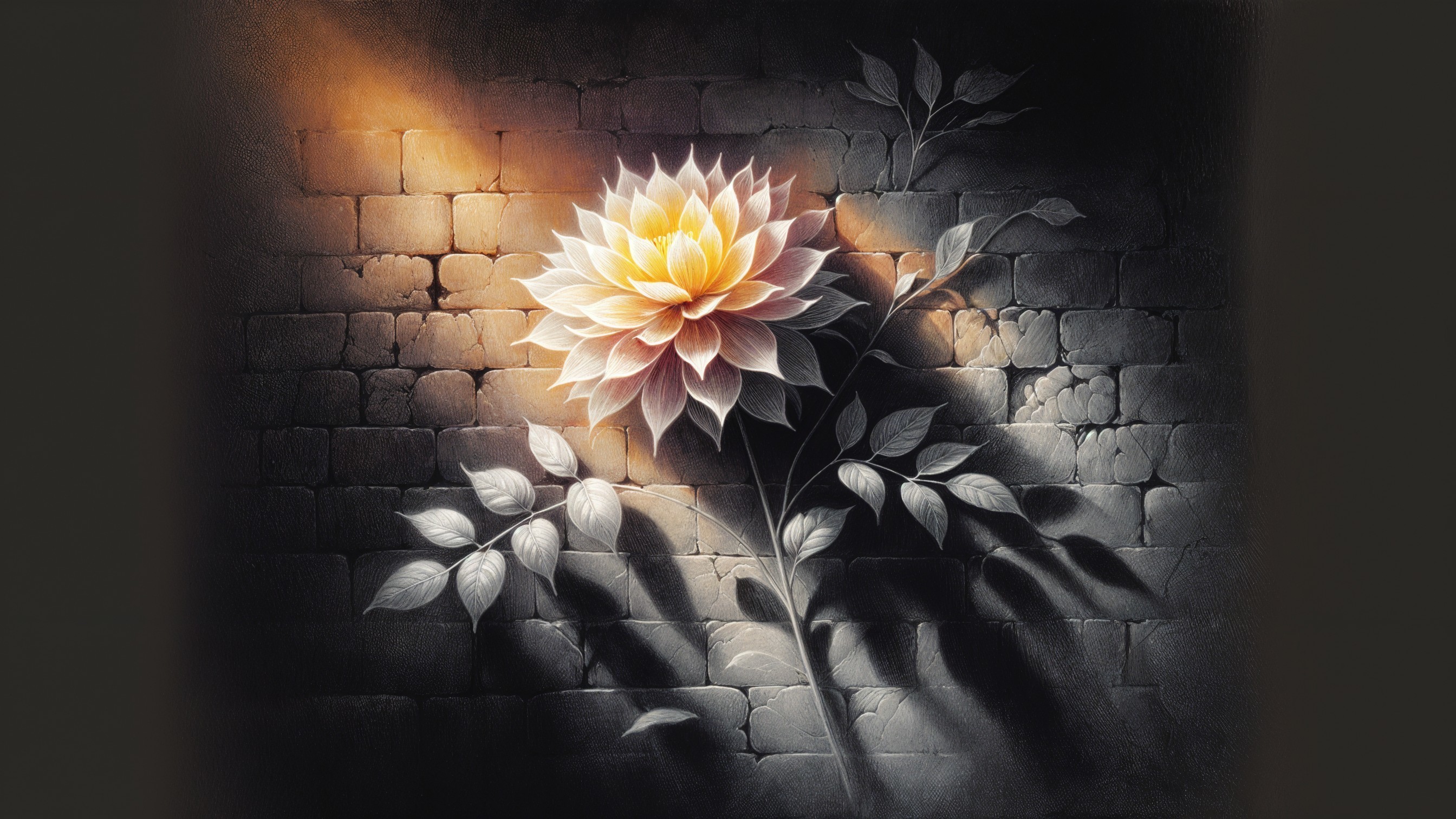 Flower Blooms Against Textured Stone Wall in Soft Light