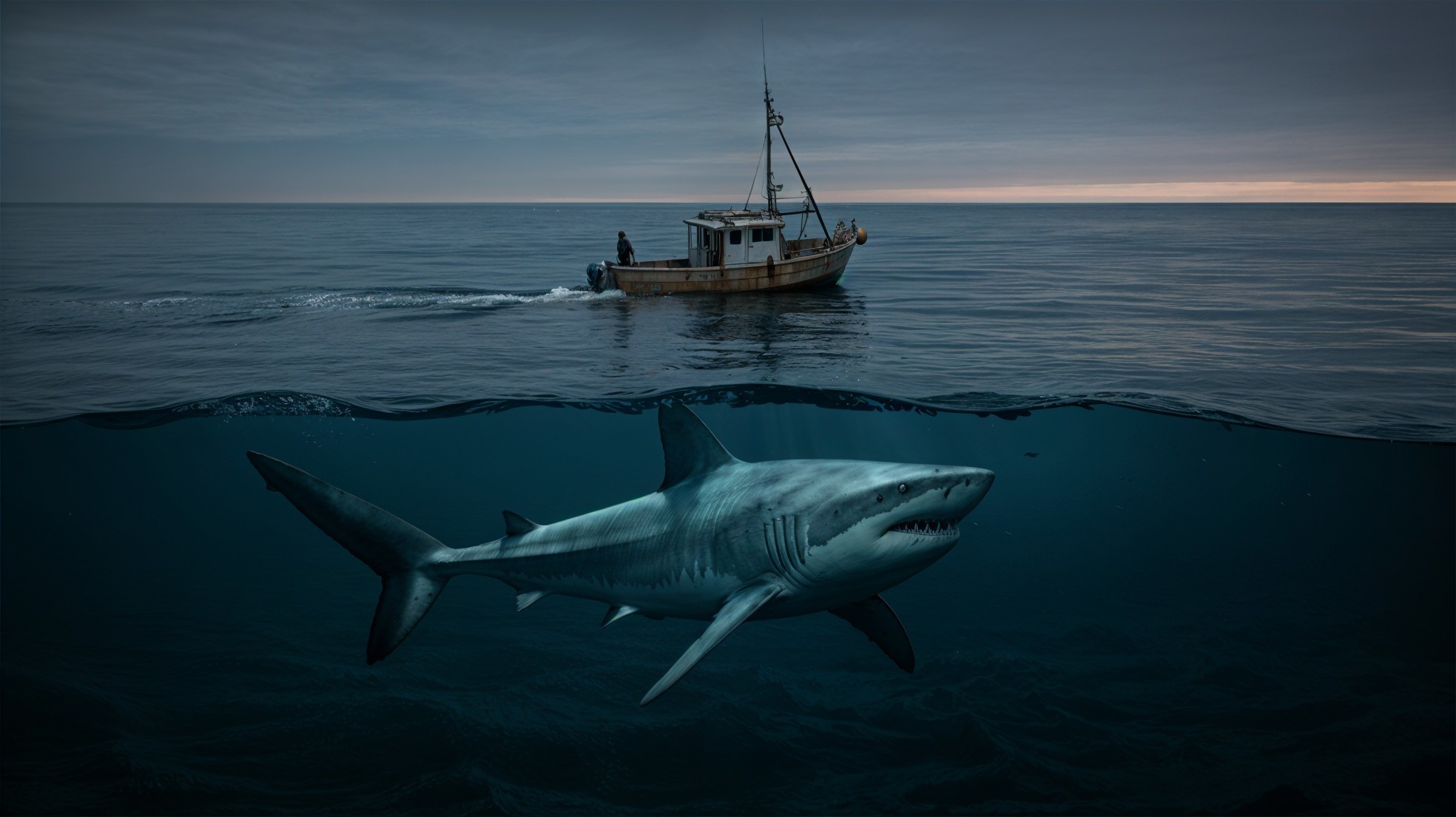 Fishing Boat on Calm Waters with Great White Shark Below