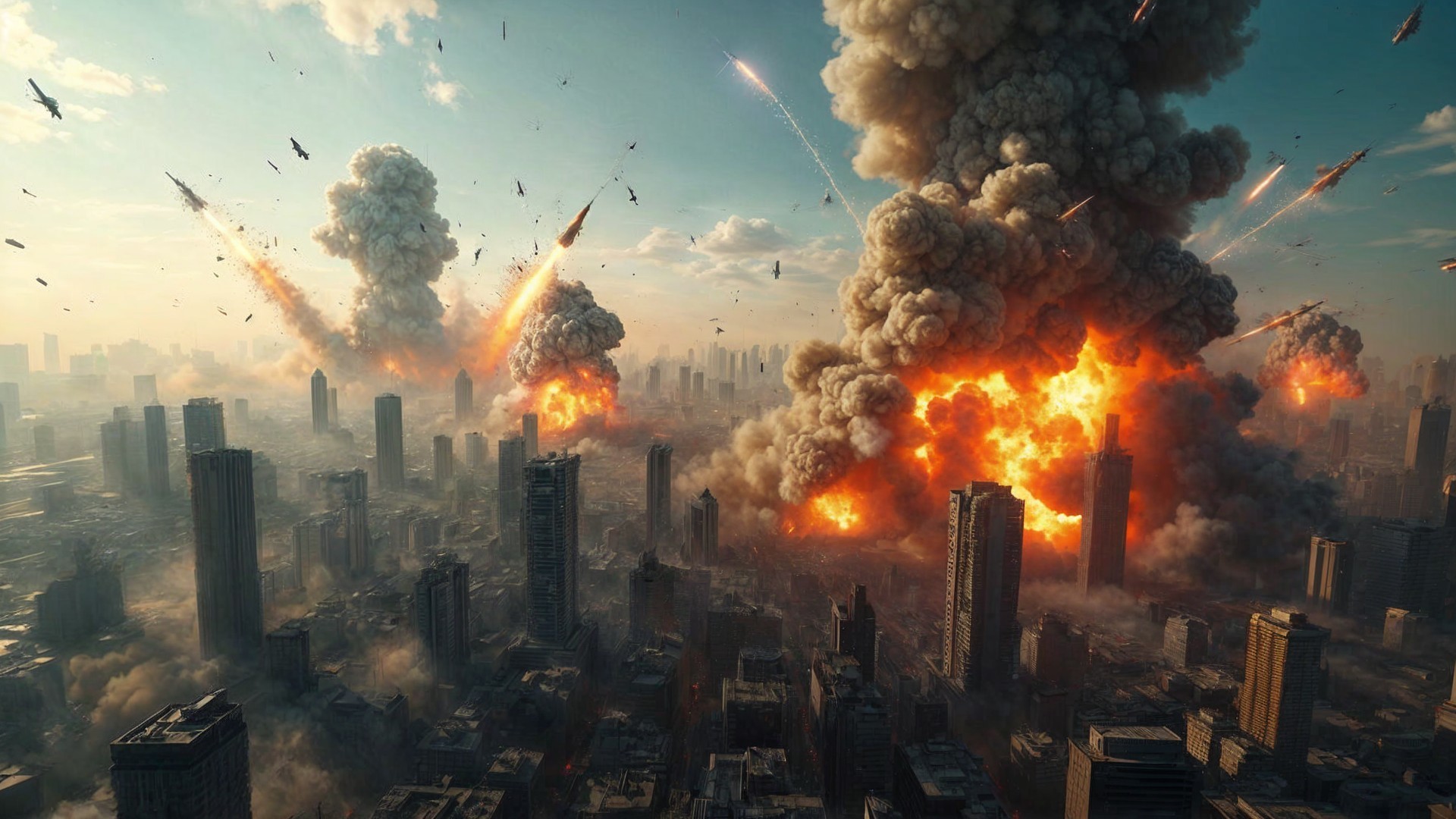 City Under Siege: Skyscrapers Amidst Explosions and Smoke