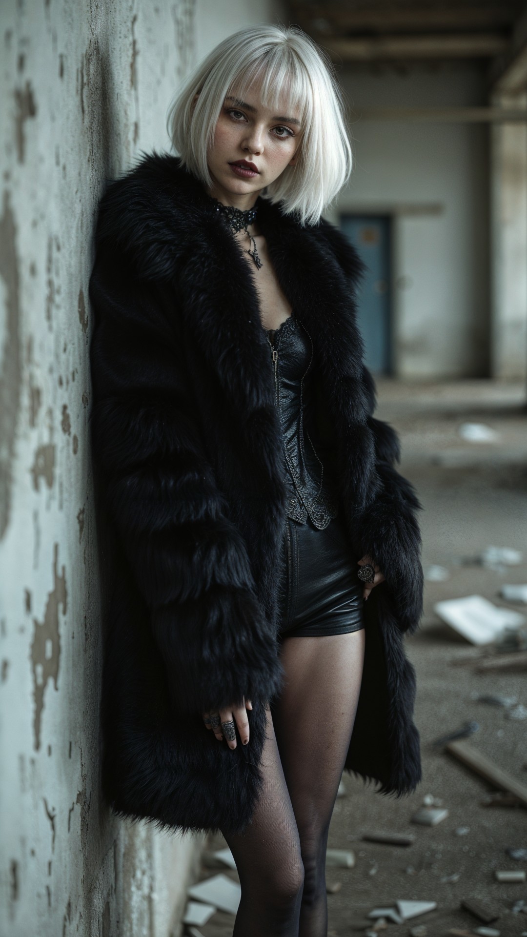 Bold Figure in Black Fur Coat Against Weathered Wall