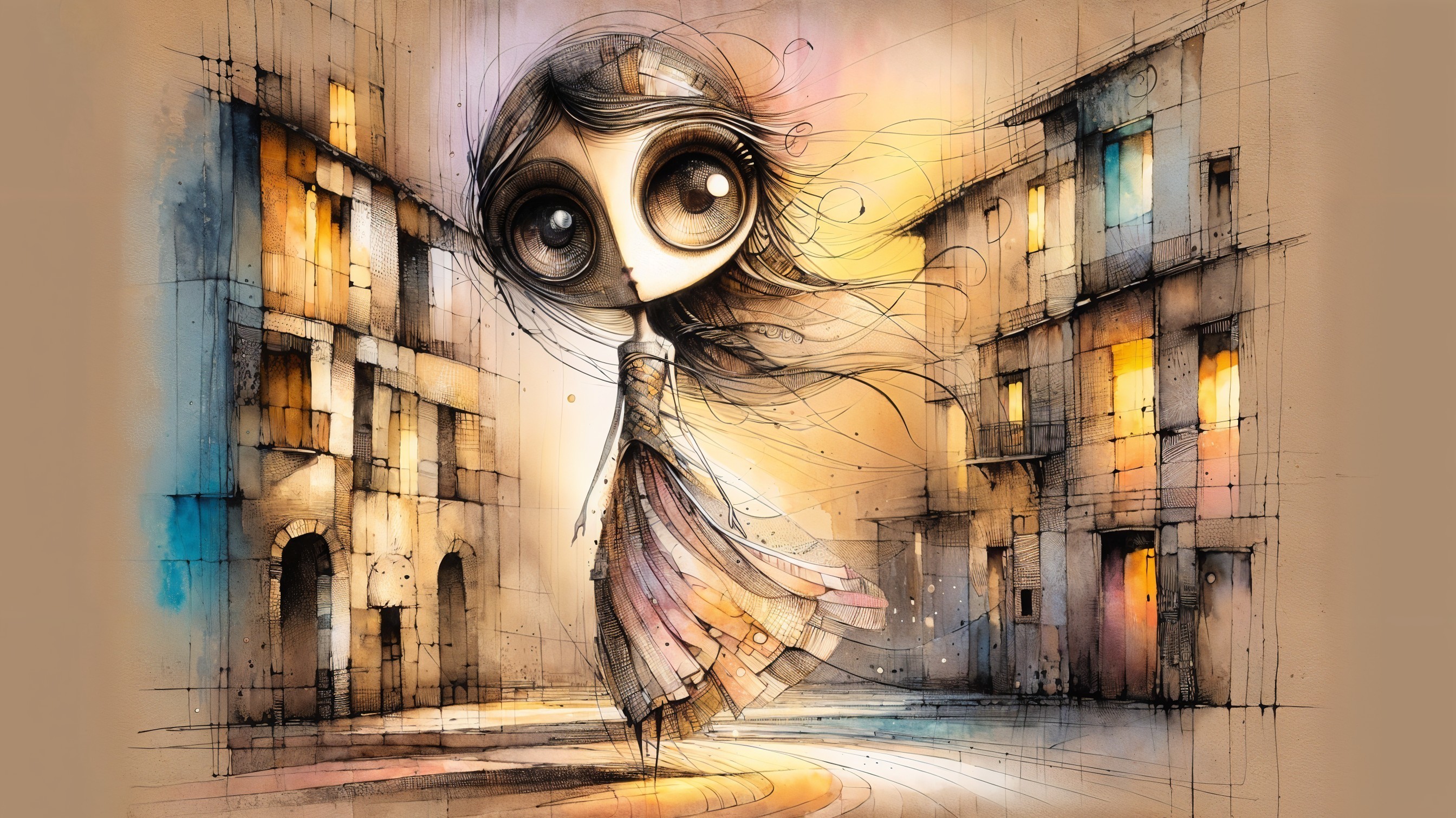Whimsical Illustration of a Girl in a Quaint Alleyway