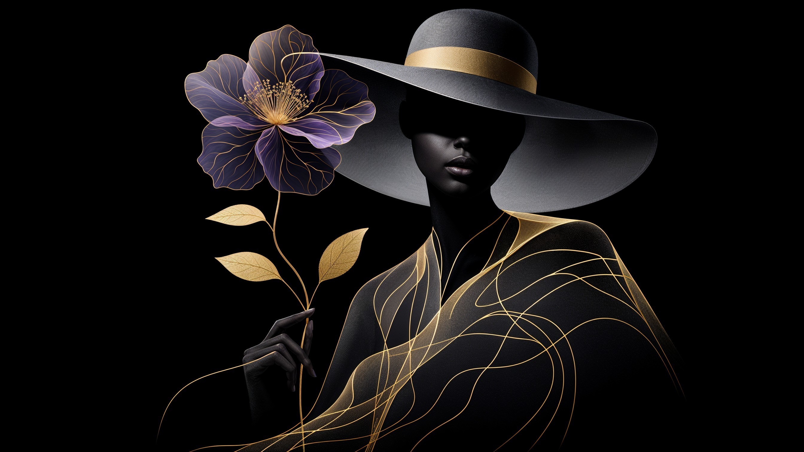 Stylized Figure with Flower Against Black Background