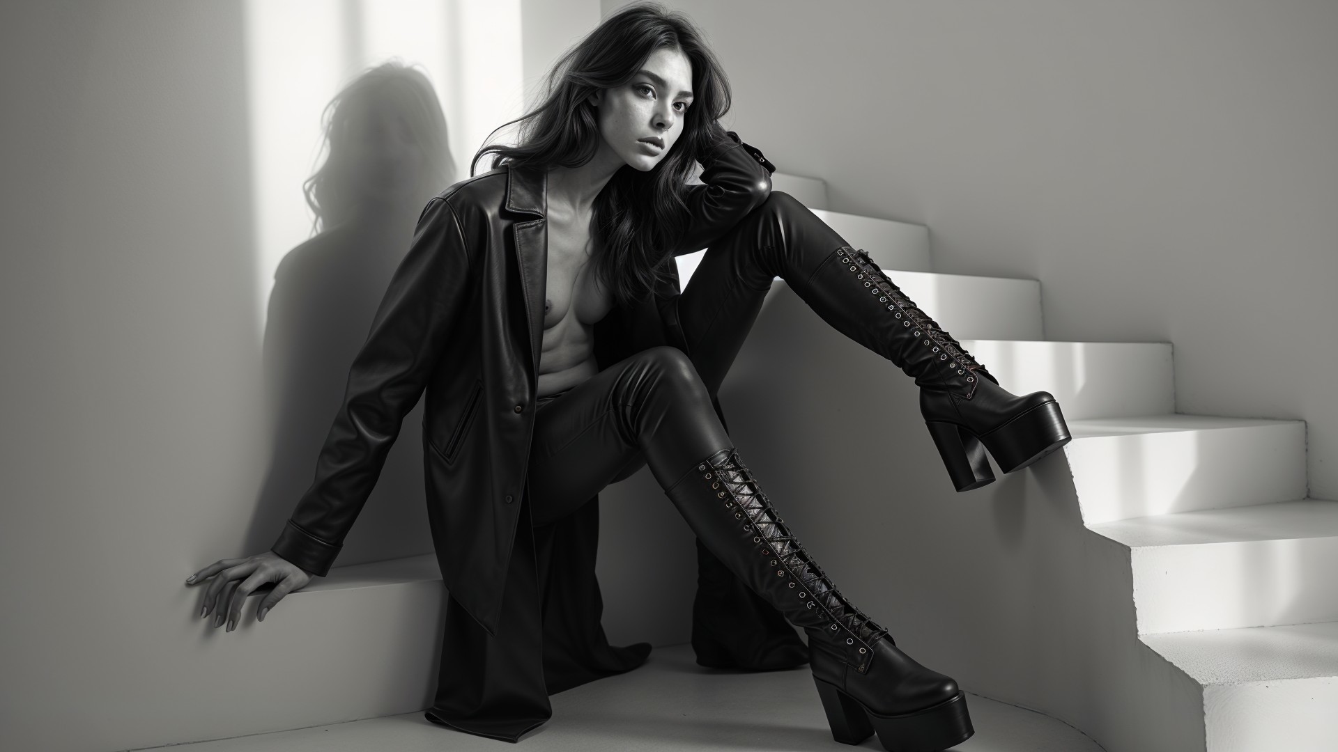 Elegant Model in Black Leather on Staircase in B&W