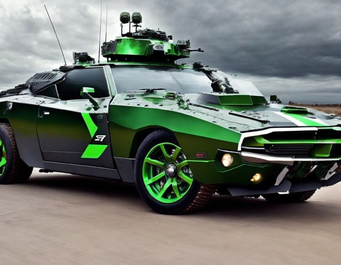 Green and Black Camouflaged Armored Vehicle Design