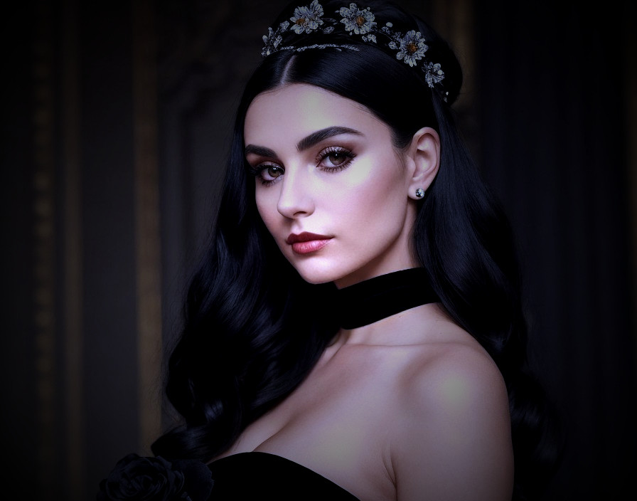 Elegant woman in black with floral tiara and rose