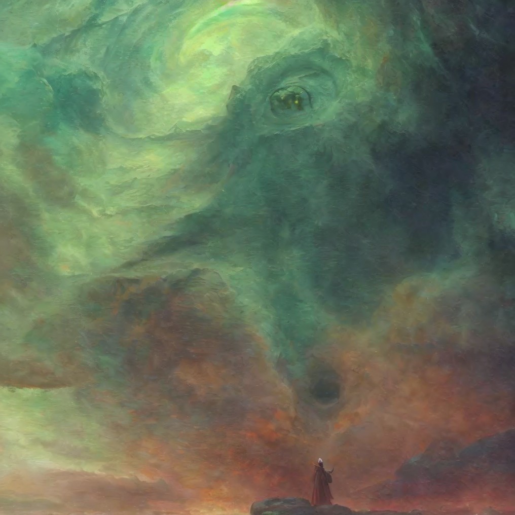 Mystical Landscape with Swirling Sky and Lone Figure