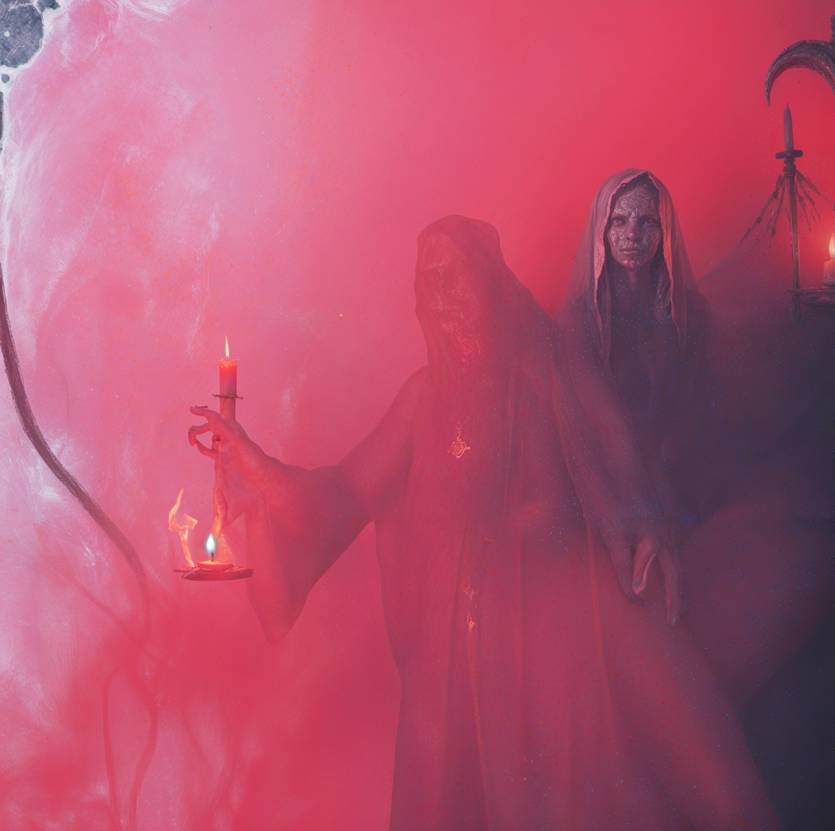 Cloaked Figure and Woman in Surreal Pink Mist