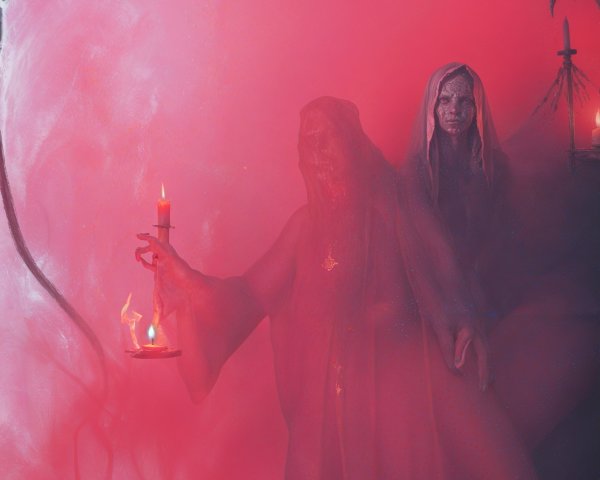 Cloaked Figure and Woman in Surreal Pink Mist