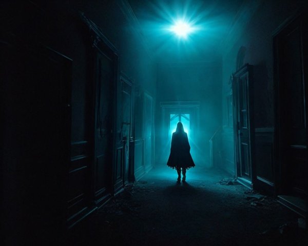 Eerie Hallway with Cloaked Figure and Blue Light