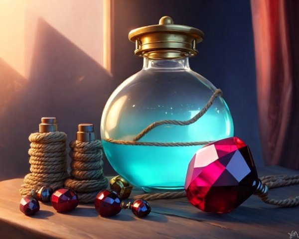 Glass Bottle with Blue Liquid and Red Crystals in Sunlight