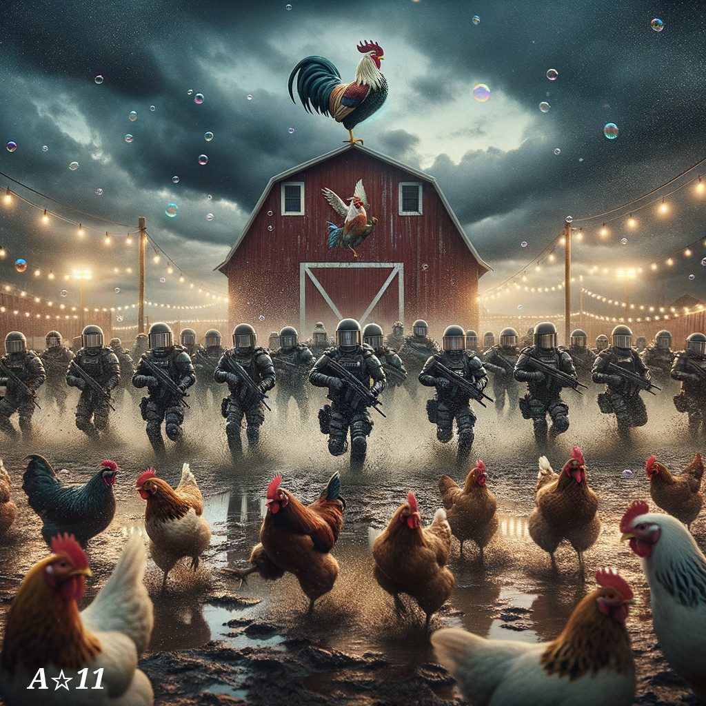 Armored Soldiers in Dramatic Farm Scene with Rooster