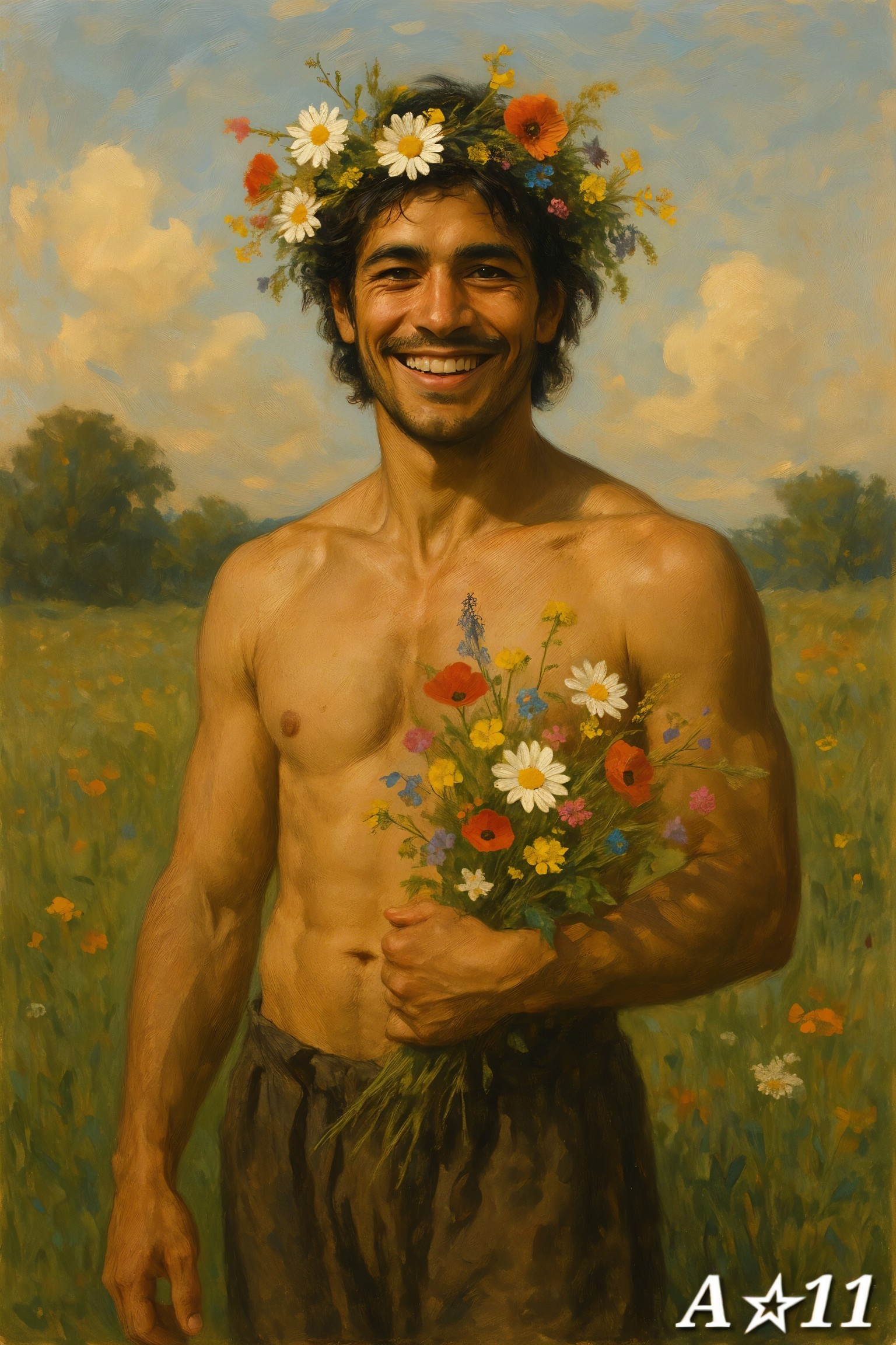 Vibrant Painting of Joyful Man in Nature's Embrace