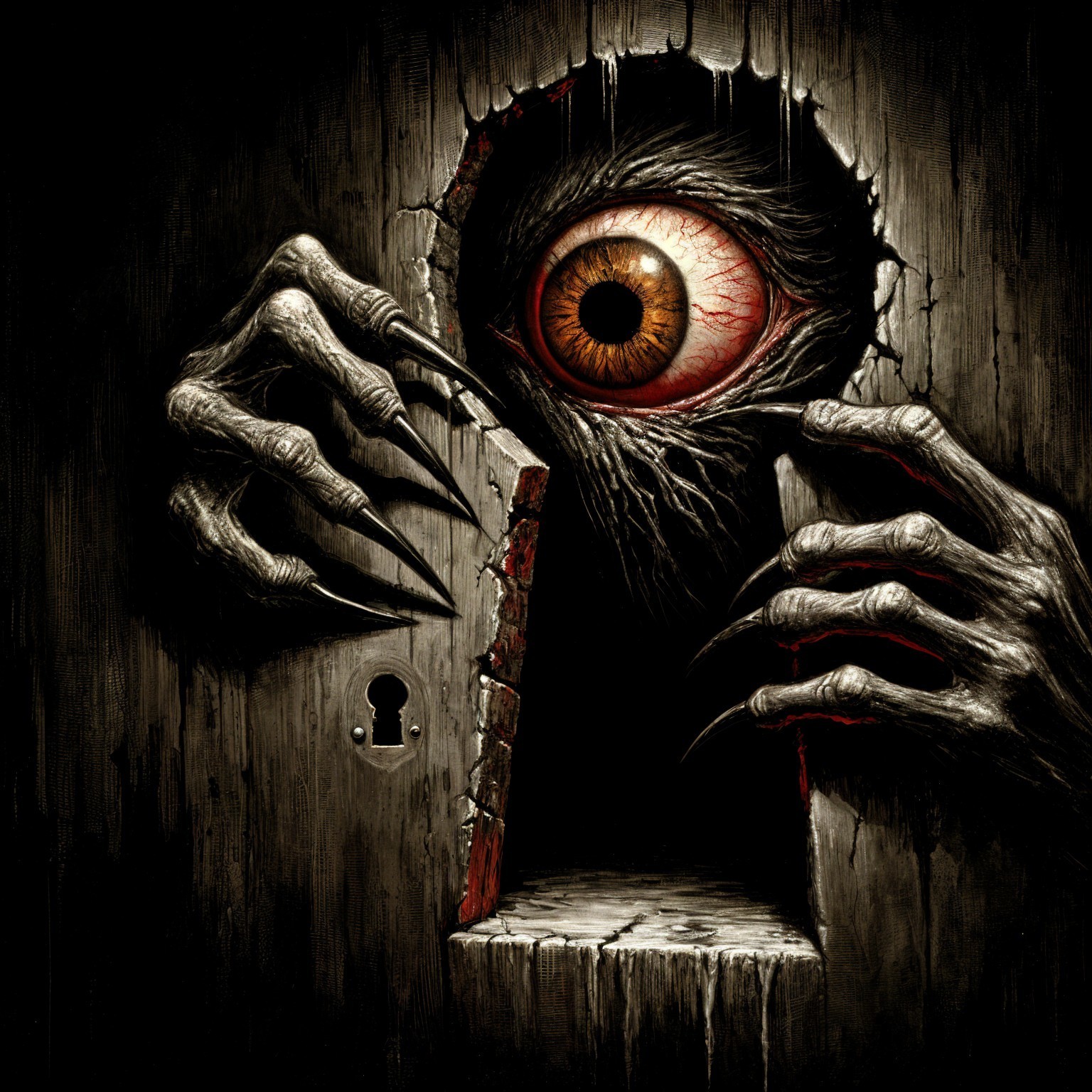 Sinister Door with Cracked Surface and Menacing Eye