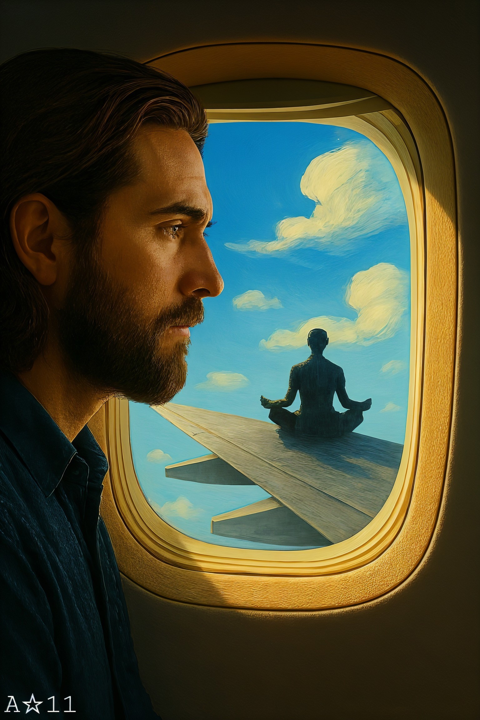 Contemplative Man Gazing Out Airplane Window with Clouds
