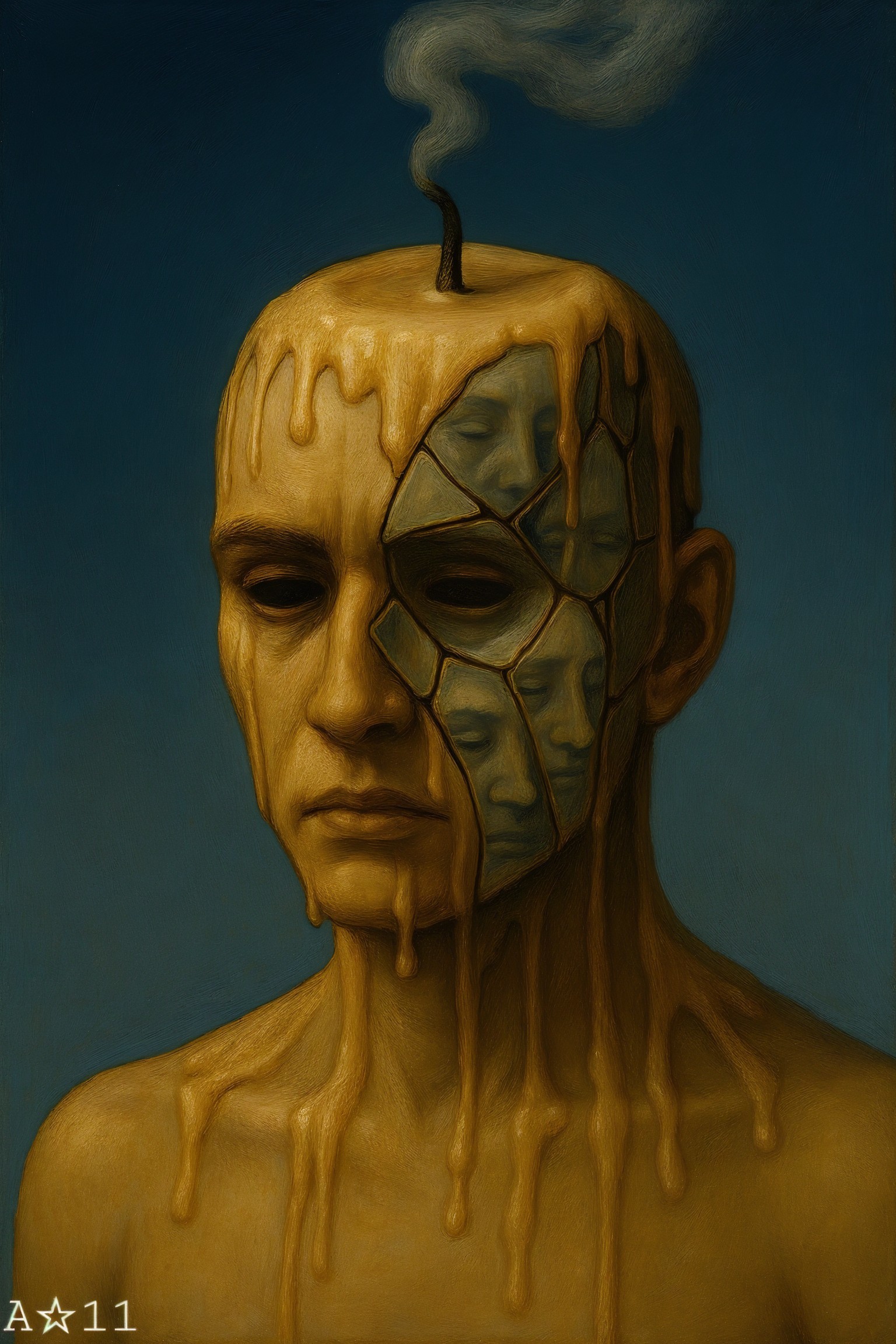 Surreal Artwork of Melting Face with Distorted Visages