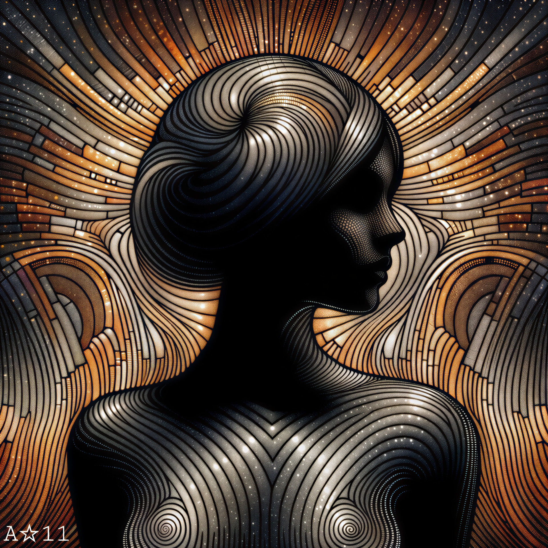 Silhouette of a woman with swirling warm patterns
