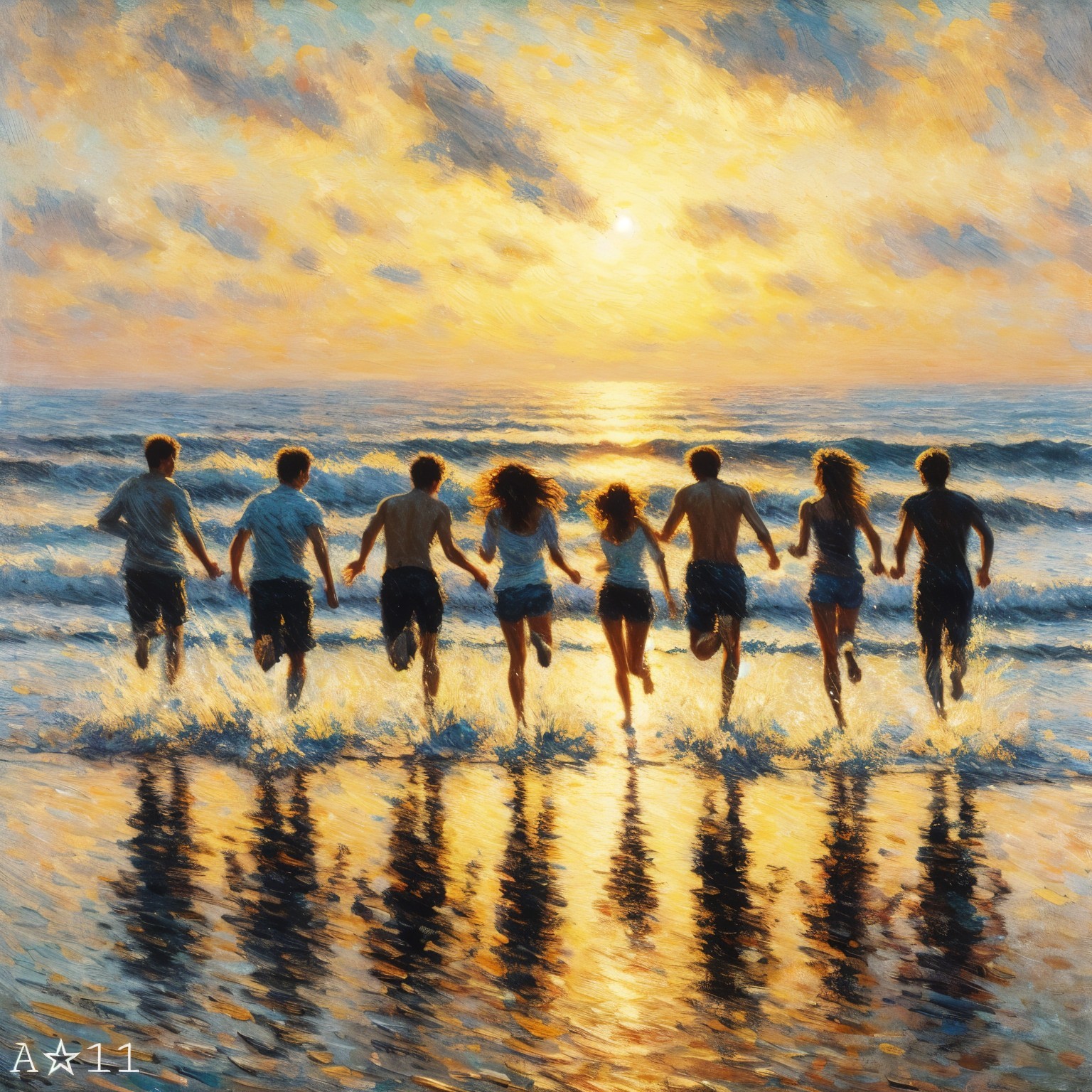 Vibrant Sunset Over Ocean with Joyful Figures on Shore