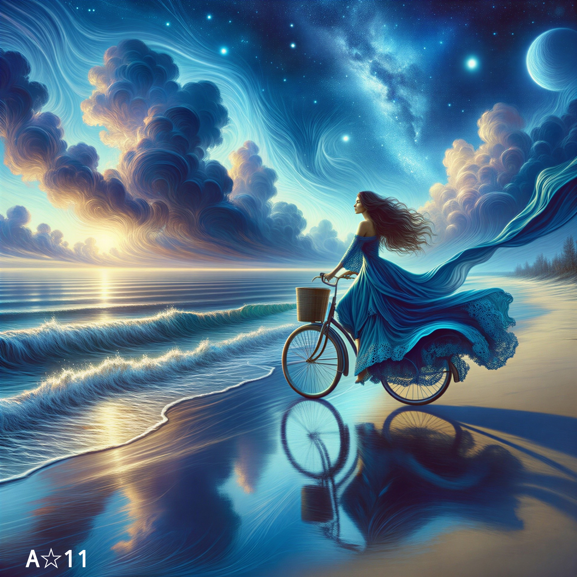 Woman in Blue Dress Biking on Beach at Sunset