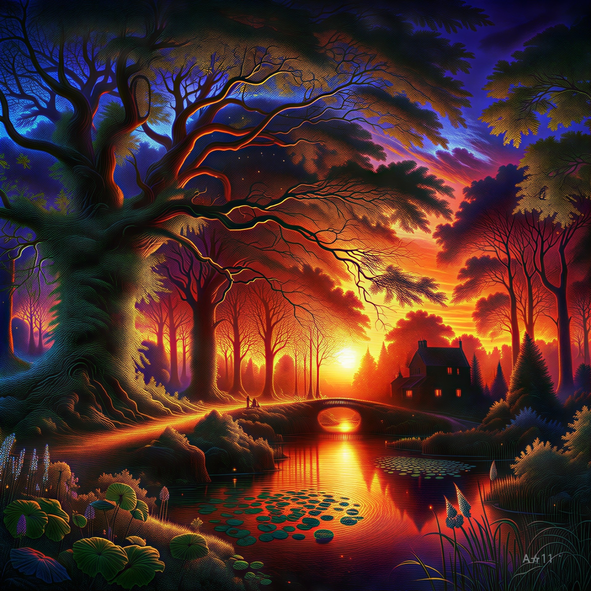 Twilight Scene with Majestic Tree and Serene Pond