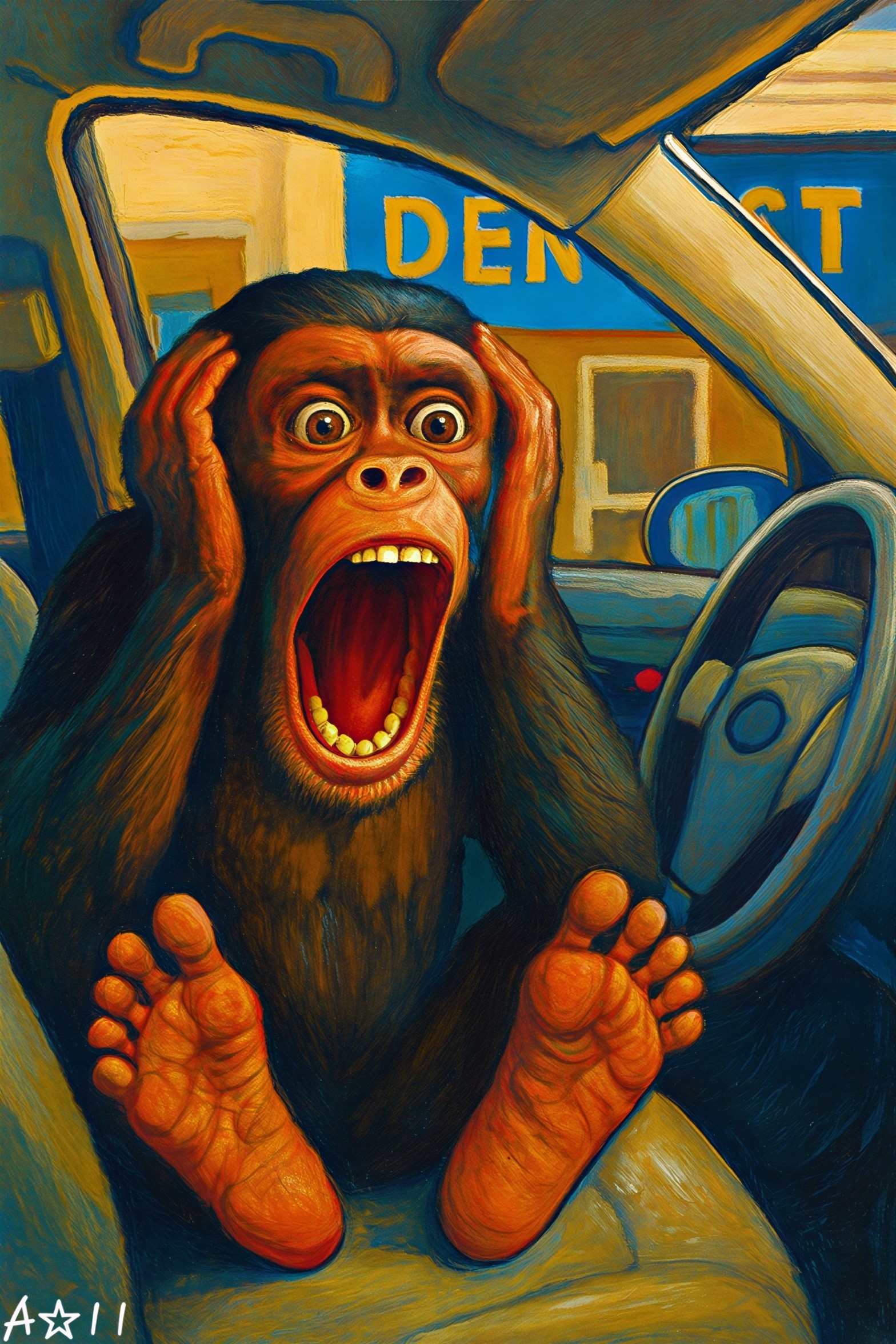 Hyperrealistic Oil Painting of a Screaming Chimpanzee