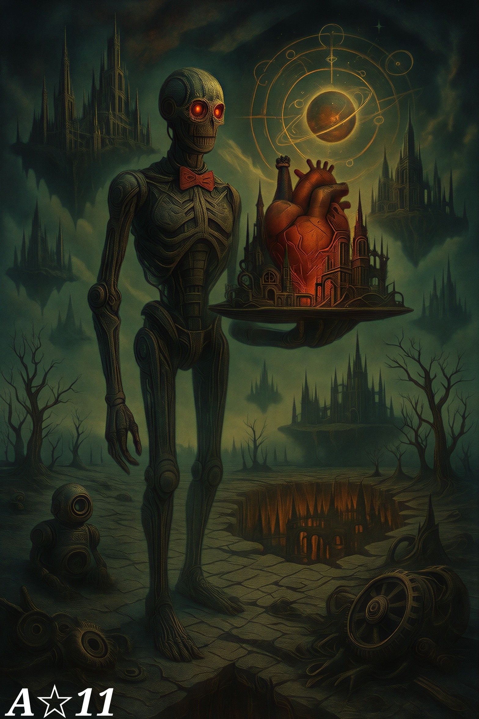 Skeletal Figure with Heart-Shaped City in Dark Landscape