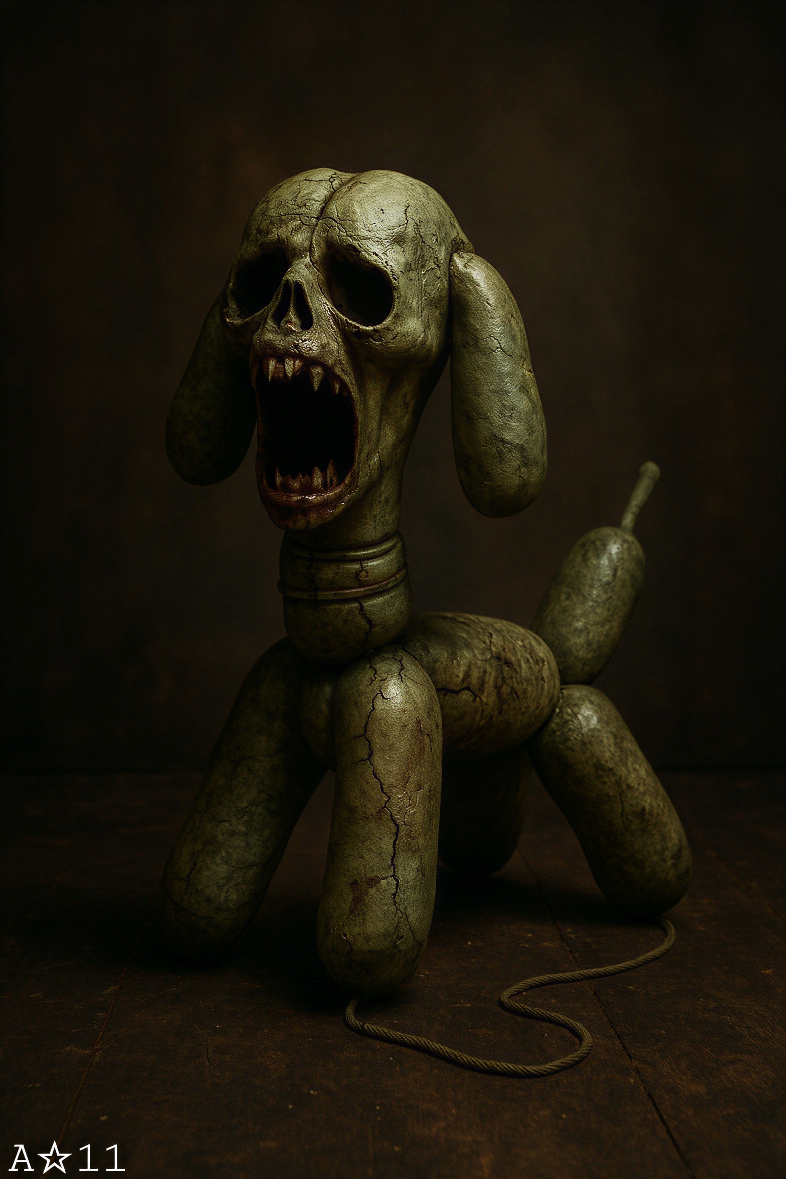 Grotesque Balloon Dog Sculpture with Hollow Skull