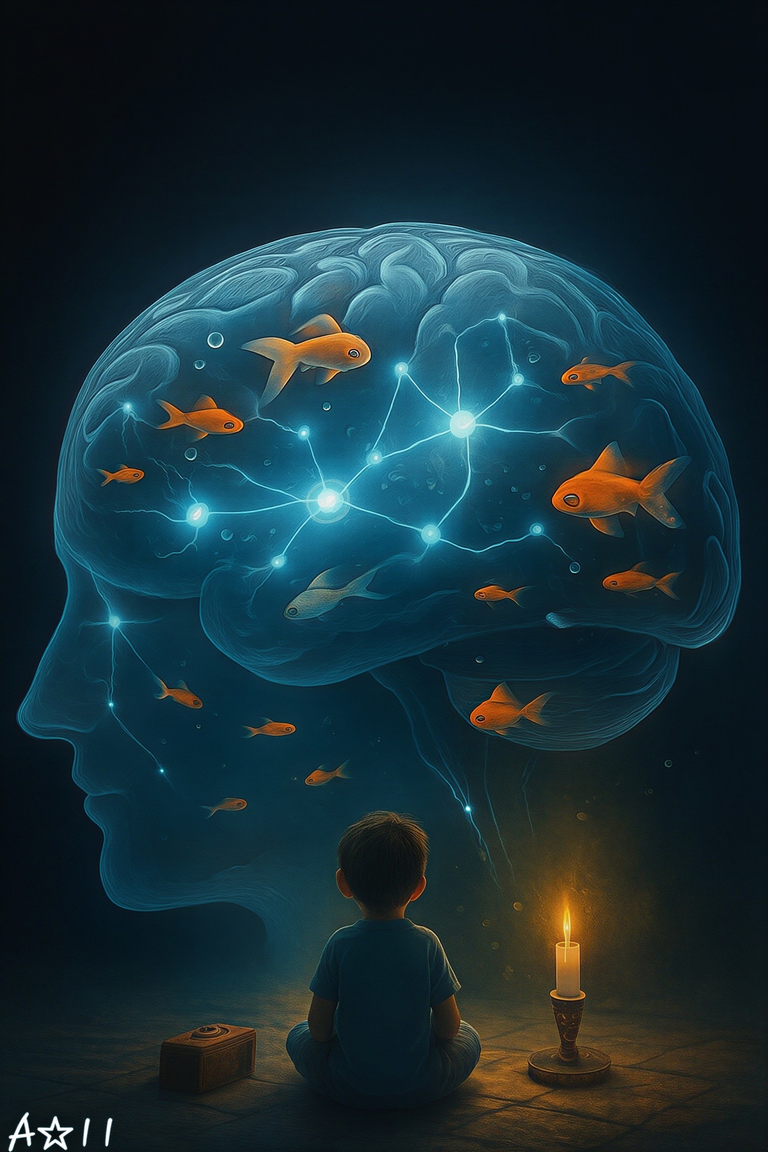 Young Boy Contemplating Glowing Brain Silhouette