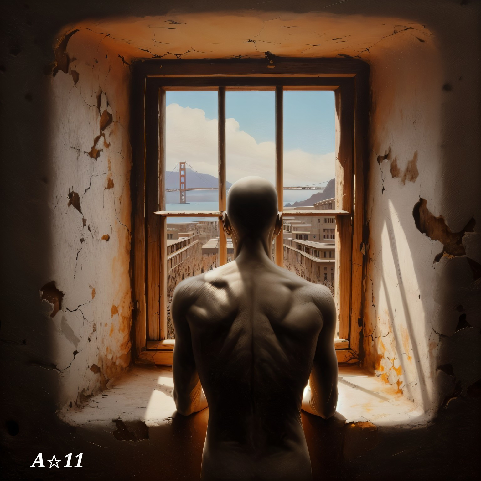 Solitary Figure by Barred Window in Worn Room