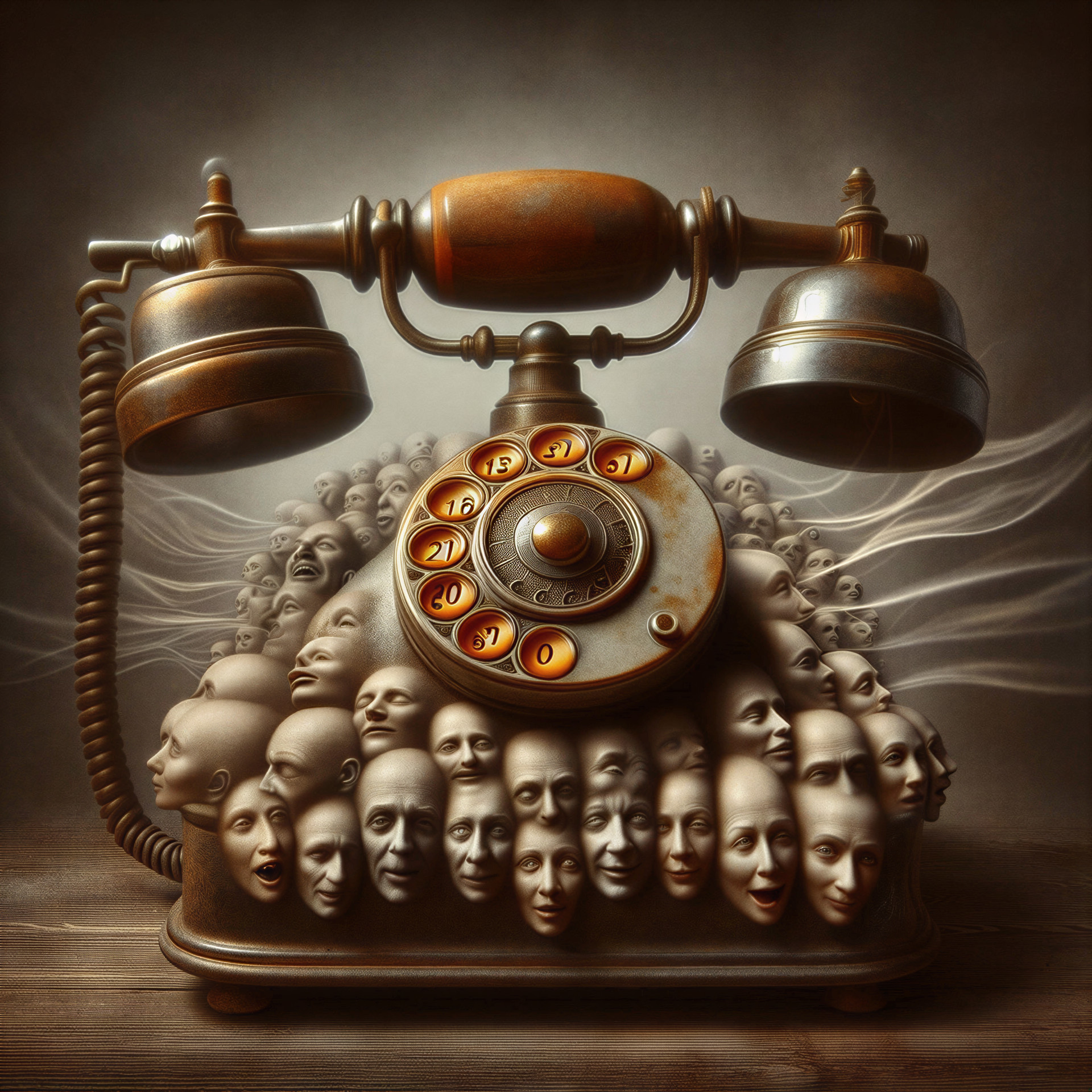 Surreal Artwork of Vintage Telephone with Human Faces