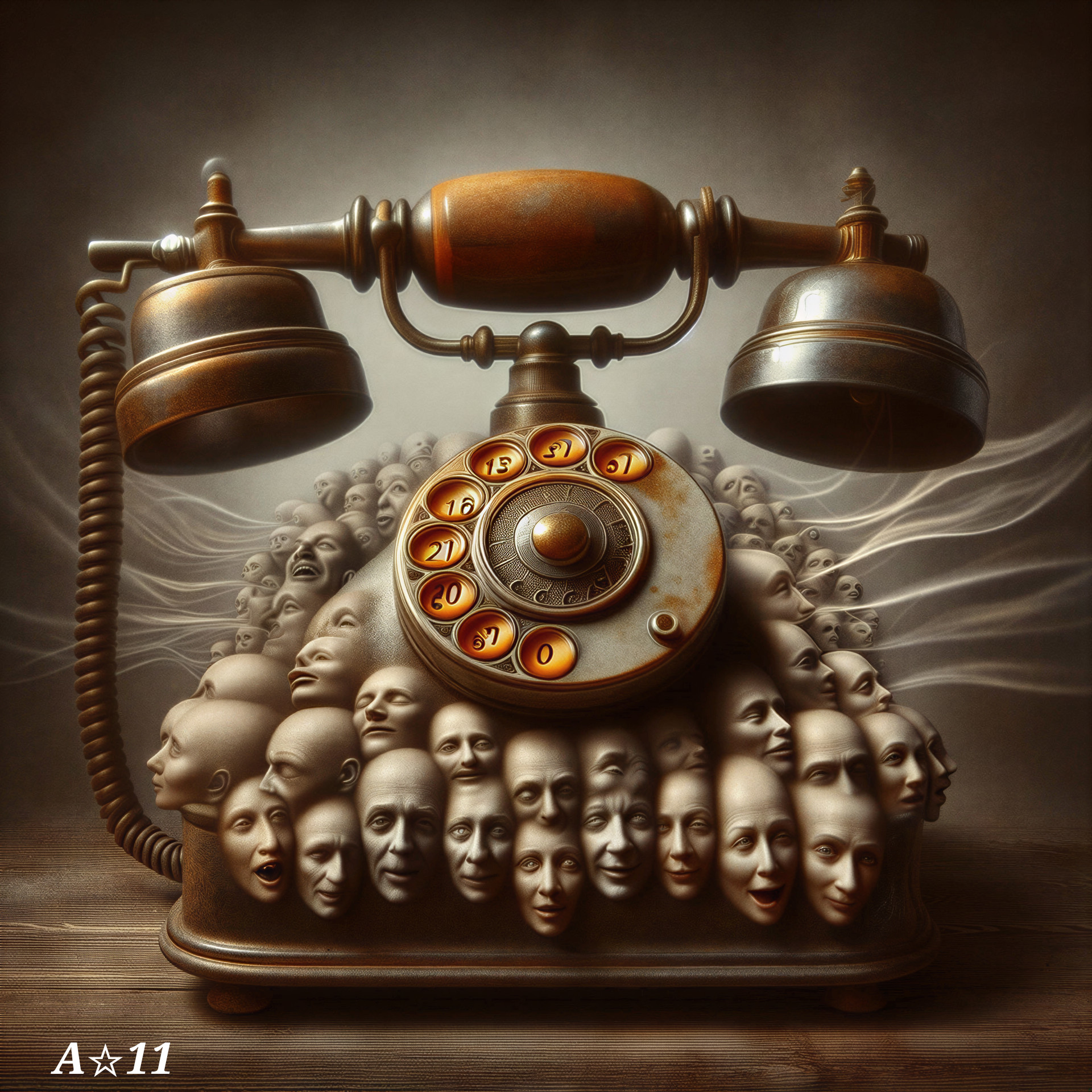 Surreal Artwork of Vintage Telephone with Human Faces