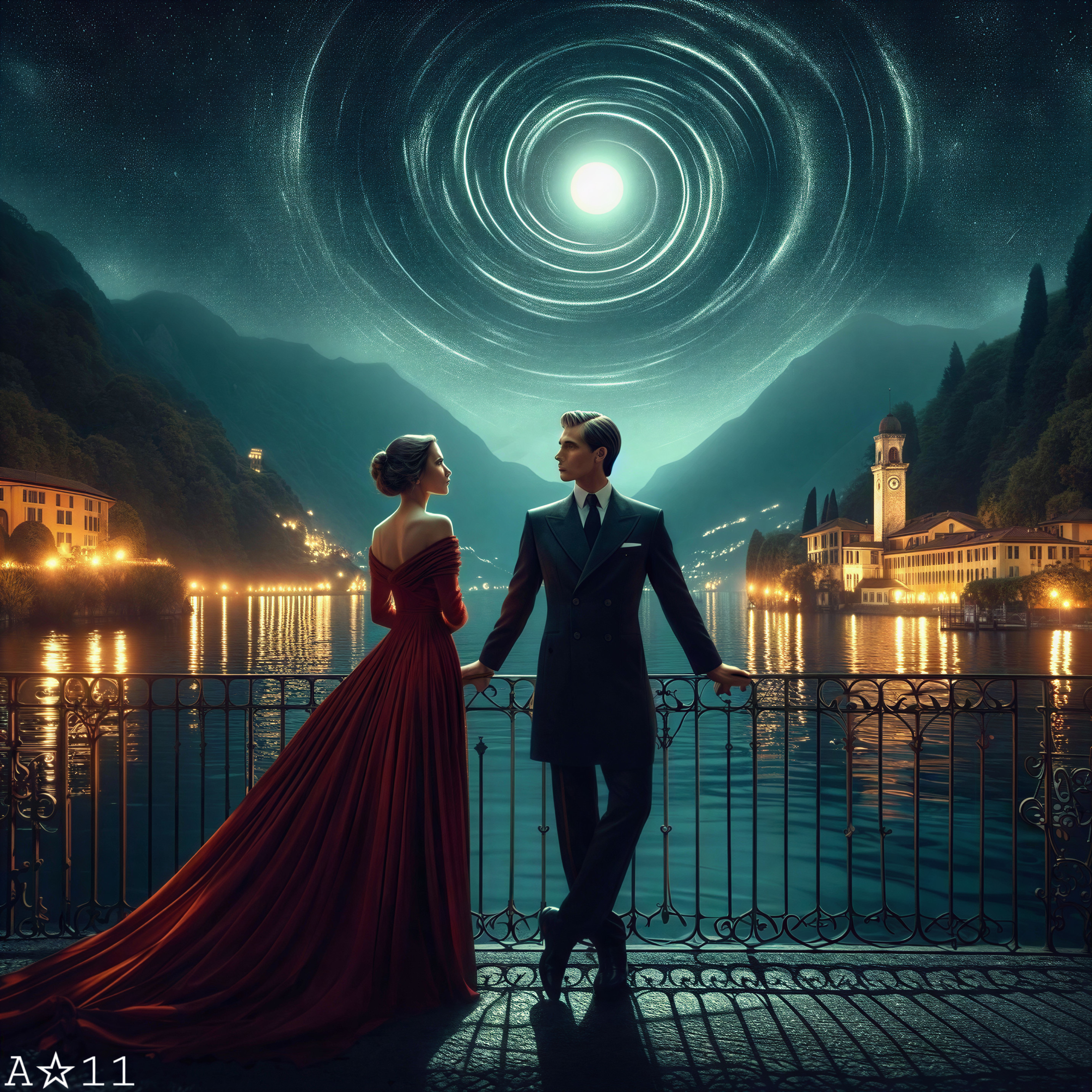 Couple on Balcony Overlooking Serene Lake and Mountains