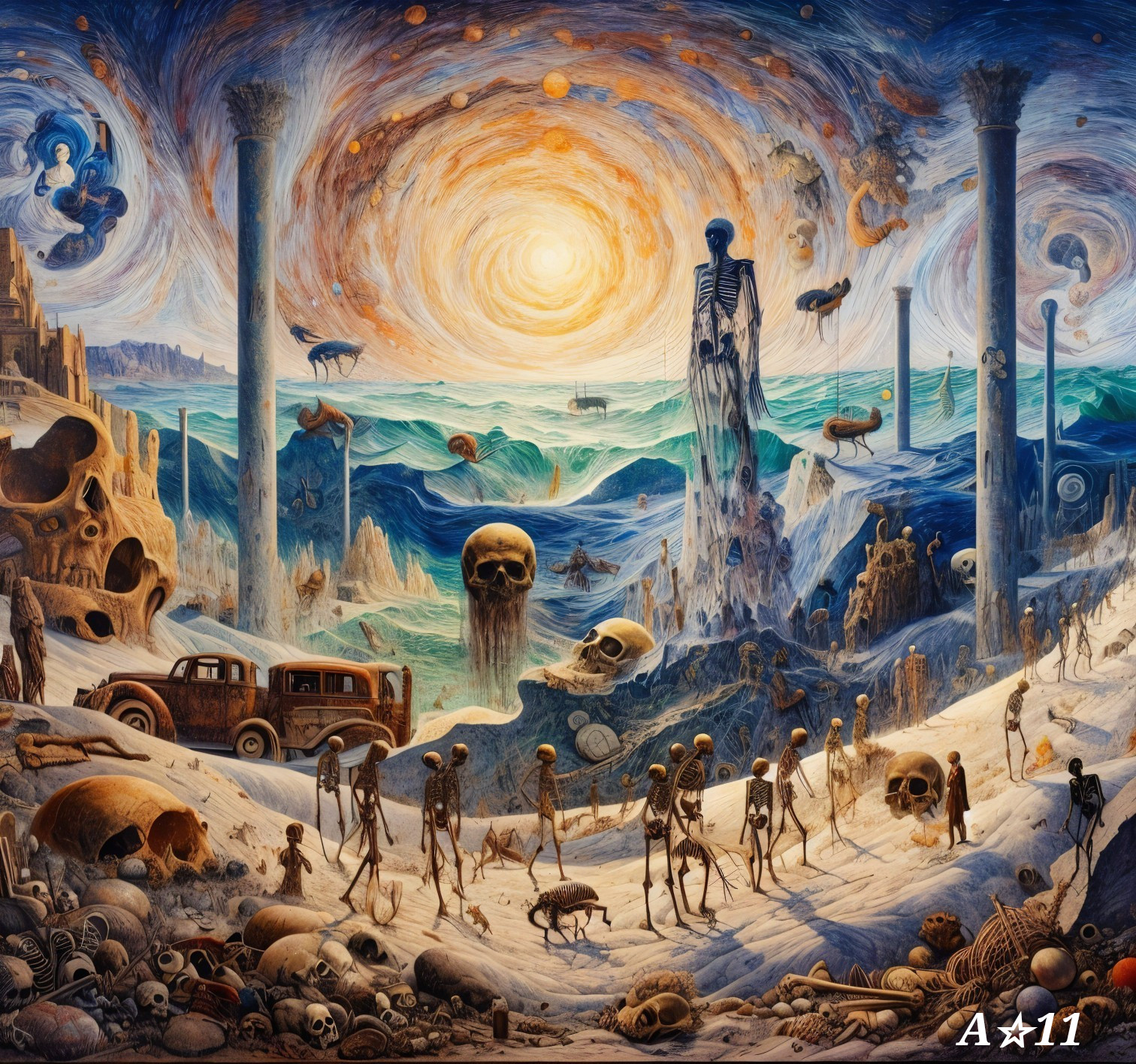 Surreal Landscape with Skeletons and Eerie Motifs