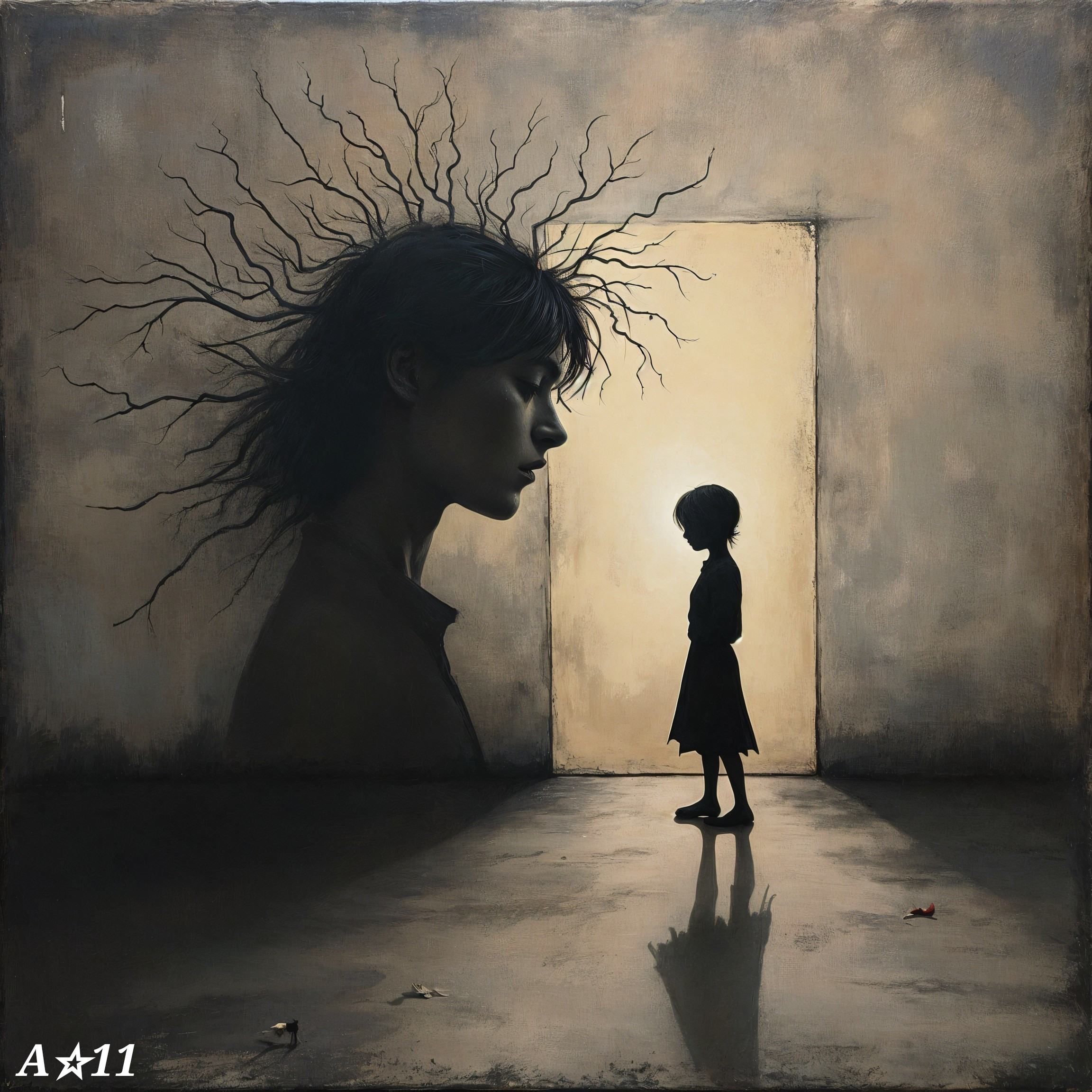 Somber Dreamlike Artwork of Girl and Woman's Silhouette