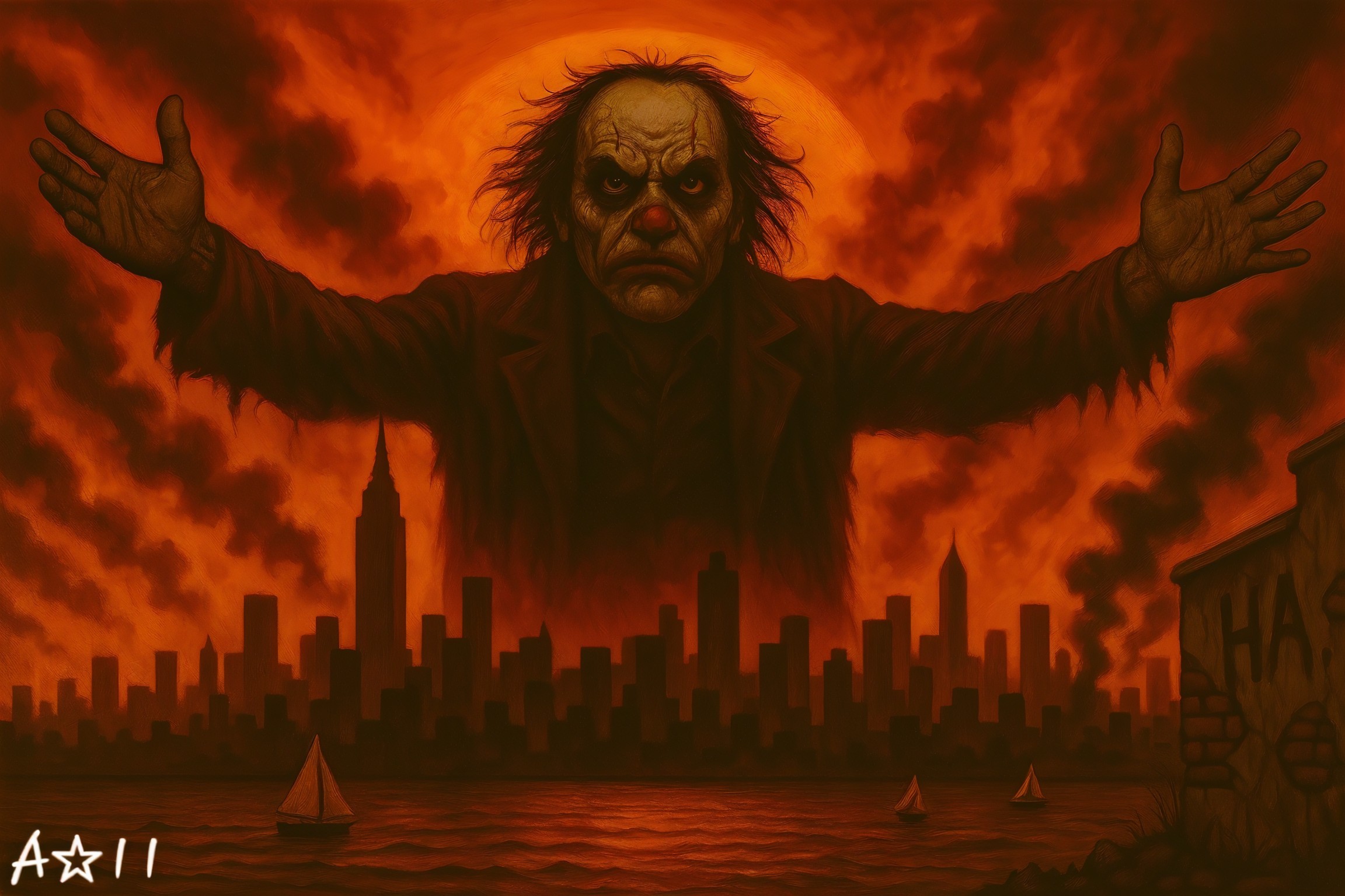 Apocalyptic Urban Scene with Menacing Figure and Boats