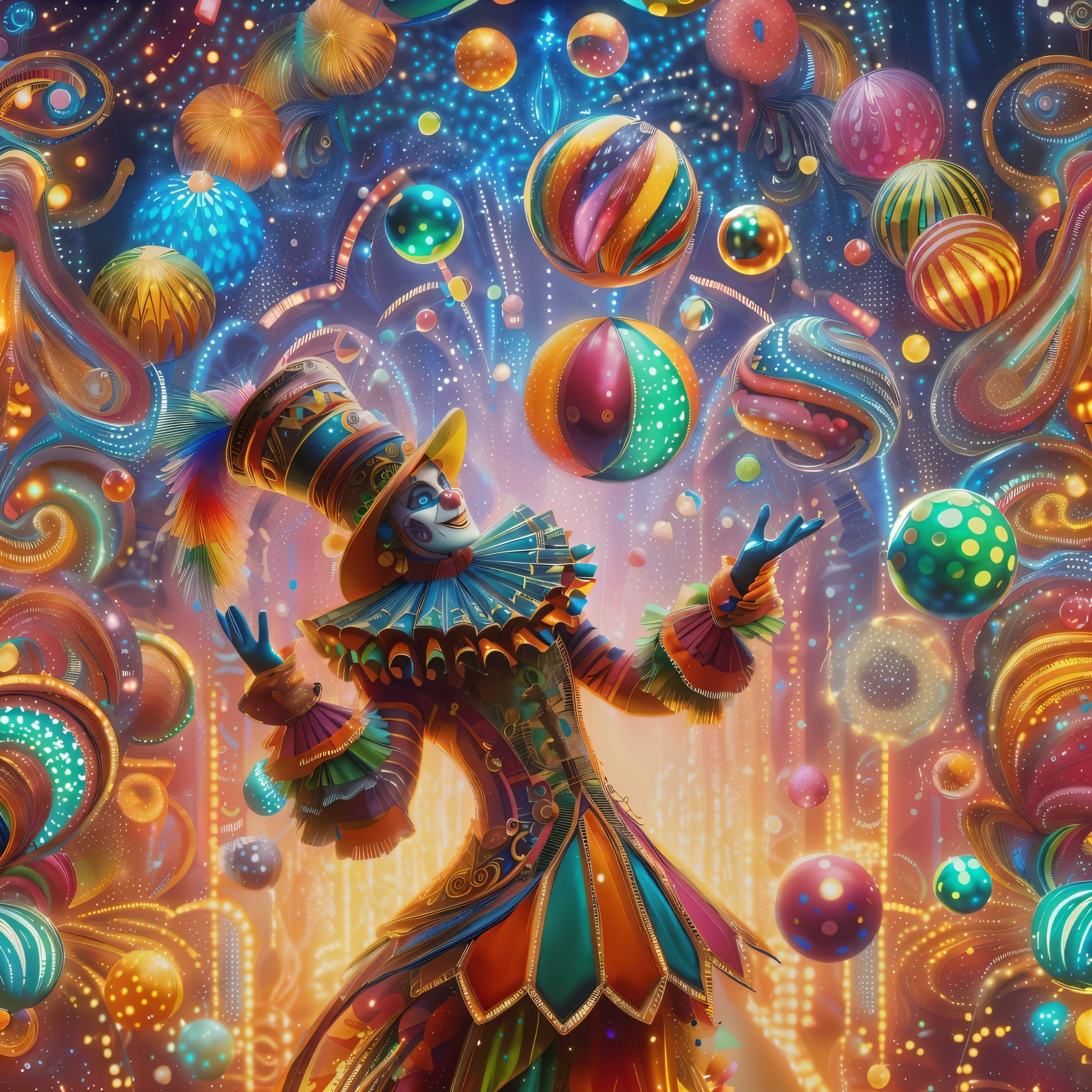 Vibrant Clown Juggling Colorful Balls in Festive Scene
