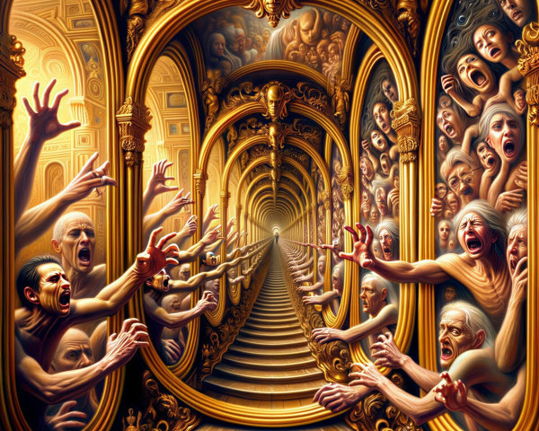 Surreal Corridor with Ornate Mirrors and Distressed Faces