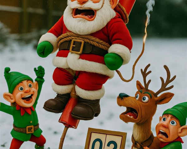 Santa, elves, and reindeer in snowy outdoor display