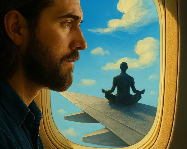 Contemplative Man Gazing Out Airplane Window with Clouds