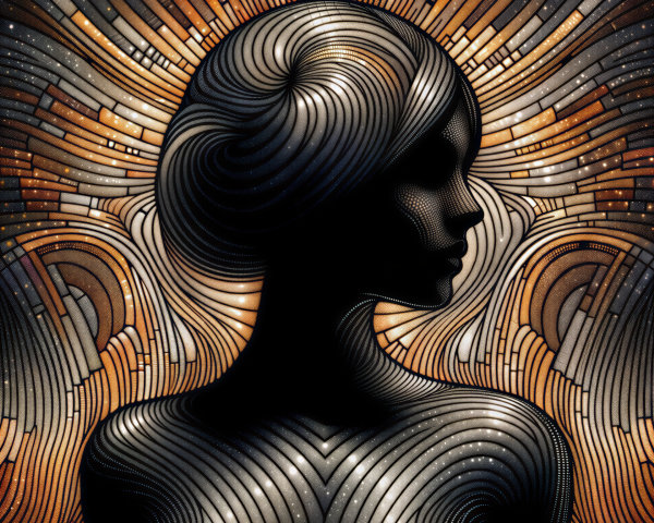 Silhouette of a woman with swirling warm patterns