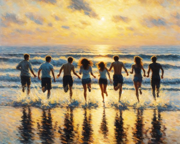 Vibrant Sunset Over Ocean with Joyful Figures on Shore