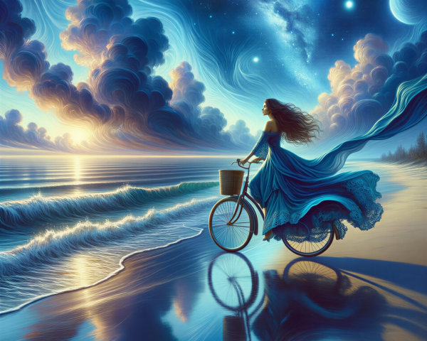 Woman in Blue Dress Biking on Beach at Sunset