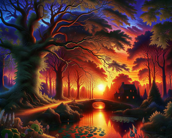 Twilight Scene with Majestic Tree and Serene Pond