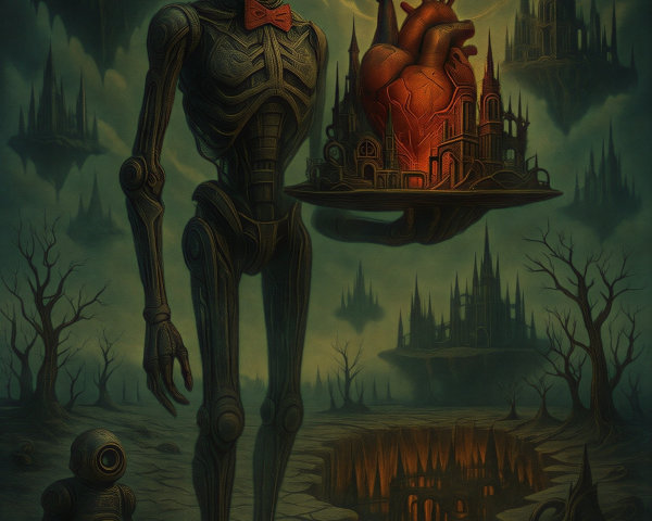 Skeletal Figure with Heart-Shaped City in Dark Landscape
