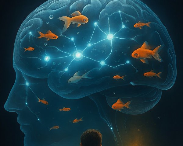 Young Boy Contemplating Glowing Brain Silhouette