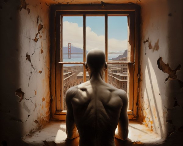 Solitary Figure by Barred Window in Worn Room