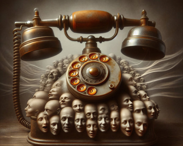 Surreal Artwork of Vintage Telephone with Human Faces